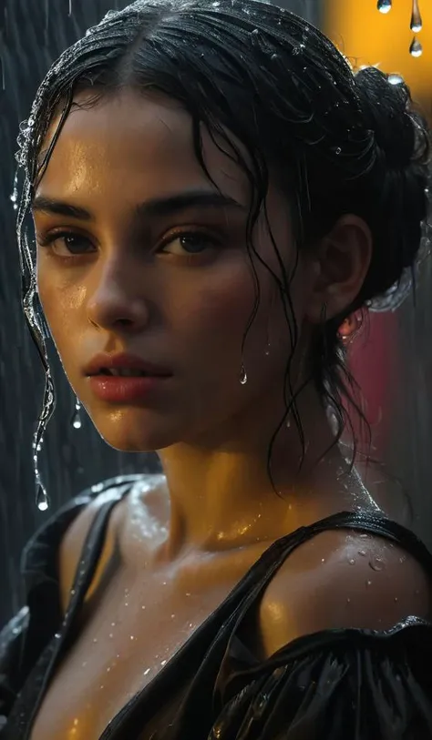 Beautiful girl fairy in a style Carnival Row during a thundertstorm, heavy rain, large droplets, highly detailed, Life like, photo realistic, perfectly drawn hands, perfectly drawn face, perfect composition, beautiful detailed intricate insanely detailed o...