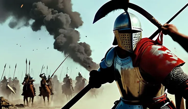 In age of 1415 battlefield, english longbow man embush Franch knights,thousands of infantries and knights engaged in intense combat, blood splattering and weapons and armor scattering on the ground. Countless arrows fluttered in the air, almost obscuring t...