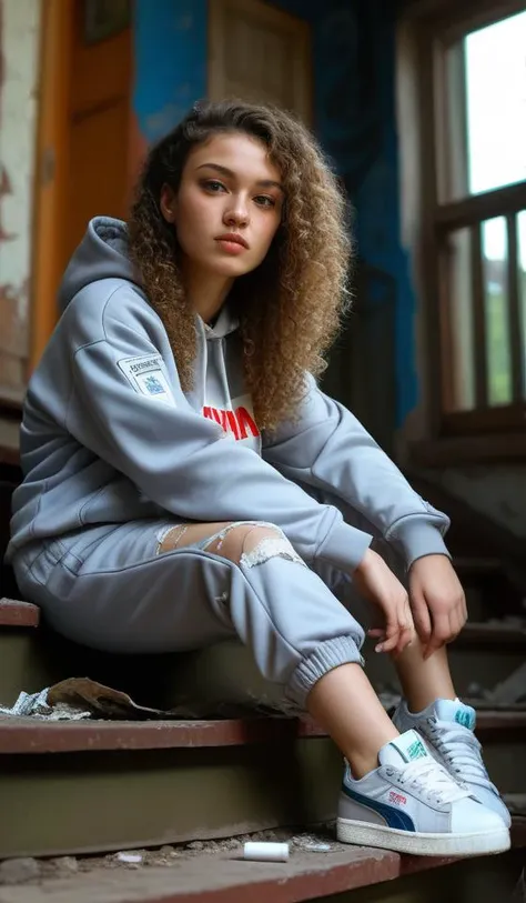 Hyperrealistic art RAW analog photo of a young gopnik woman, curly hair, detailed skin, natural skin:1.2, (looking left), (sharp focus, hyper detailed, highly intricate), natural lighting, <lora:add-detail-xl:2> . Extremely high-resolution details, photogr...