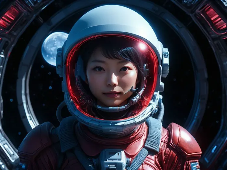 red and blue theme,concept art,japanese female astronaut (in a futuristic dark alien spaceship:1.3) with moon space in the background. complex and hyperdetailed technical suit. mandelbulb fractal. reflection and dispersion materials. rays and dispersion of...