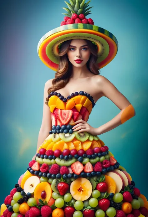 photo shot of a beautiful woman with ral-fruitsalad hat and dress, colorful, masterpiece, intricate detail, modelshoot style,cinematic shot, dust particles