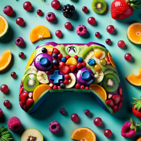 photo shot of a ral-fruitsalad xbox controller, colorful, masterpiece, intricate detail, modelshoot style,cinematic shot, dust particles