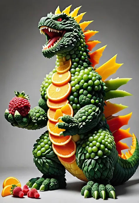 a close up of a dragon made of fruit and vegetables