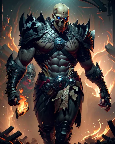 <lora:D14bl02(1)CIVIT:1>, A male Necromancer wearing bone_armor, medium_shot, madness, walking, muscular, abs, thigh, clenched fist, scattered fragments, aggressive, in hell, fire, intricate detail, (realistic skin_details, sharp focus, eyes focus, masterp...