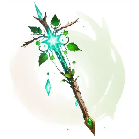 MagicItem_v1 <lora:MagicItem_v1:1> (wand), white background,  wooden wand, ivy, leaves, green particles, nature magic, druid wand, masterpiece, professional quality