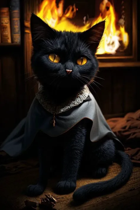 a close up of a black cat wearing a cape sitting on a bed