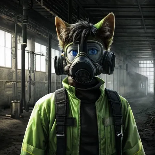 A humanoid black cat with blue eyes, short hair, pointy ears, a gas mask on his face, dressed in a chemical protection suit, surrounded by a toxic environment in a chemical factory. Ultra realistic photo. Oppressive atmosphere, Portrait looking at me, Gree...