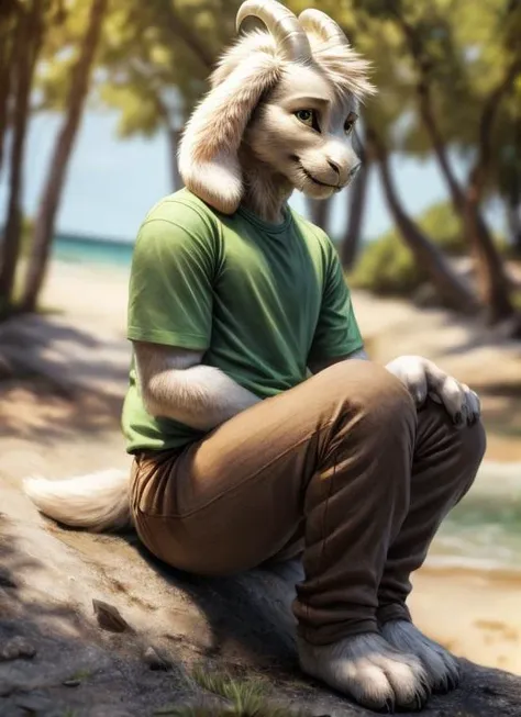 araffe sitting on a rock with a green shirt and brown pants