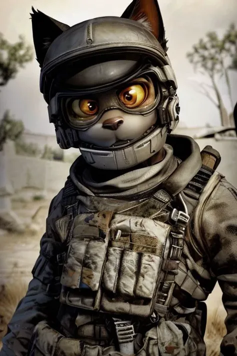 a close up of a cat in a military outfit with a helmet