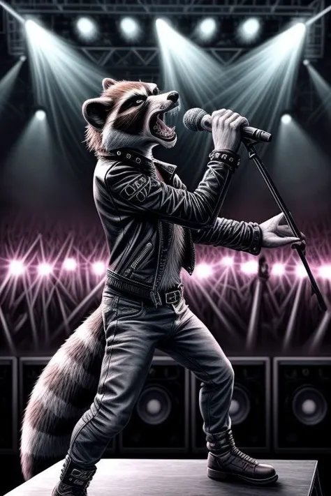 (anthro anthropomorphic (male punk rock raccoon:1.3), side view, detailed eyes, male), (detailed correct raccoon facial features), ((detailed fur)), detailed raccoon paws, seductive, ((raccoon looking at audience, singing, standing, roaring, (screaming, ra...