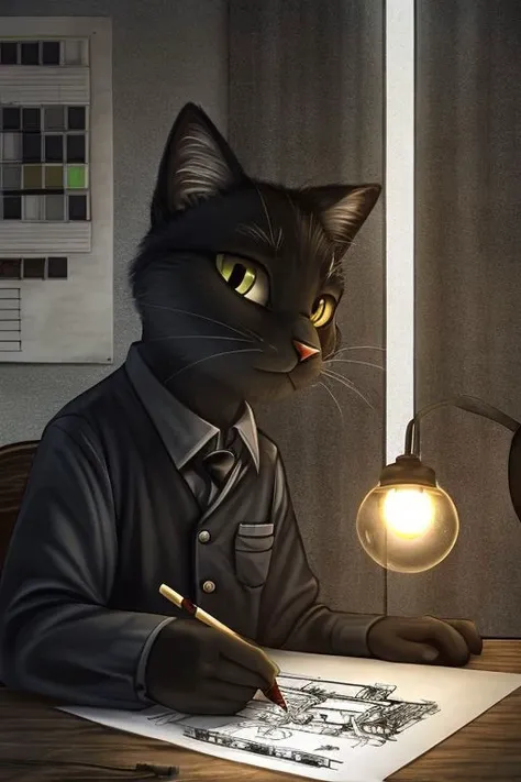 black cat, engineer, drawing a project, Drawing a house construction plan, sitting, in the hands of a pencil, on the table there is a ruler and drawing instruments, thoughtful, serious, under the light of a light bulb, in the office, dark, dull atmosphere