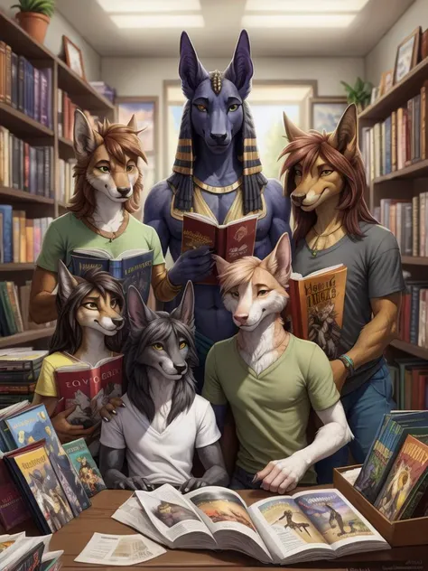 portrait, anubis, wearing shirt, (finger claws), in a comic book shop reading, art, posters, (smile), cinematic lighting, detailed background, by hioshiru, sketch, realistic, by tom fischbach, by ruaidri, by nelly63, by honovy, by hioshiru, by wolflady