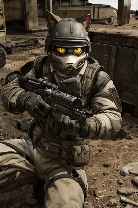 a man in a cat suit holding a rifle in a dirty area