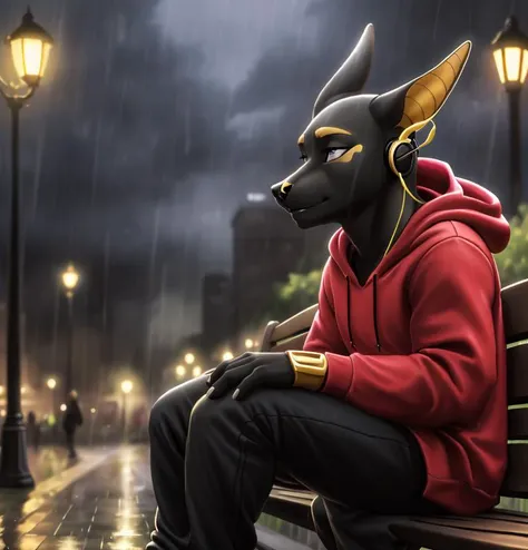 close-up, neferu, 1boy, pants, red hoodie, with earphones, sitting on bench, park, street lamps, raining, thoughtful, male focus, masterpiece, high quality, 4k <lora:neferu-05:1>