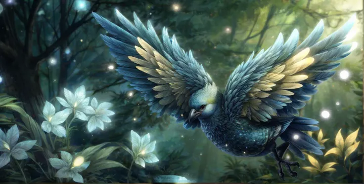 feral bird, [blue|yellow] feathers, flying around the plants, tree, woods background, glowing light particles