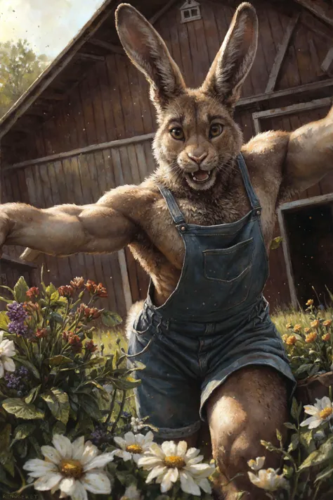 farm setting, (Rabbit, lagomorph), (muscular, barazoku), overalls, (happy), looking at viewer, light particles, flowers, barn, dynamic pose, flex,
BREAK
(by Kenket),  (Sharp focus, masterpiece, 8k, intricate artwork, hyper detailed, high detail),