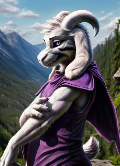 araffe with a goat on his back in a purple shirt