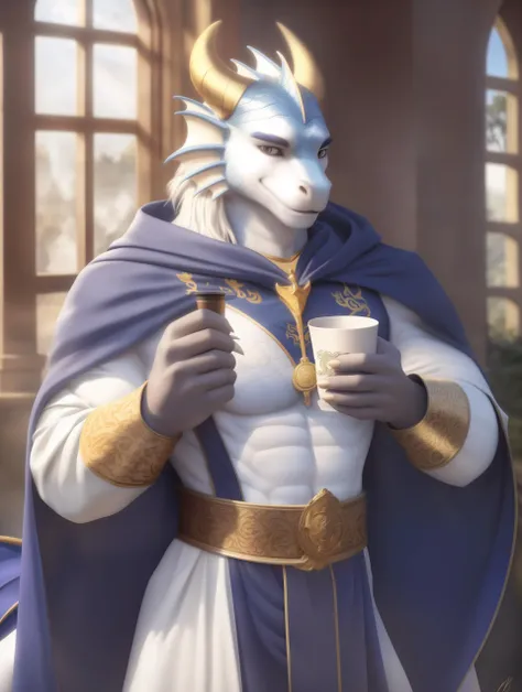 anthro male sorcerer dragon, headwear, curved horn, eyebrows, detailed eyes, mane, (fin:1.2), hand, finger claws, pecs, with cloak standing, holding a cup, morning, (masterpiece:1.0), realistic, (sharp:1.2), shiny, (best quality:0.8), ultra-detailed, extre...