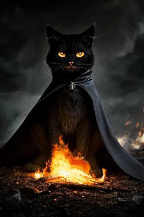 black anthro cat, pointed cat ears, old cotton cape, sectarian, cat sectarian, evil, dark, light from fire, no fire in the frame, evil, depressing atmosphere, high quality, 8k, ultra realism, photographic design, realism