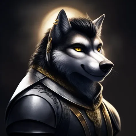 dark theme, portrait, rim lighting, male wolf, detailed face, hair ornament, headdress, yellow eyes BREAK ear ring piercing, wearing detailed intricate silver armor  <lora:nLoRA:unet=0.4@0.35,1@0.5,0.45@0.6,1@1> <lora:Furtastic_Detailer:1>