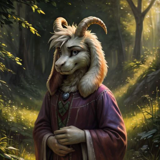 a close up of a goat wearing a purple robe and a purple hat