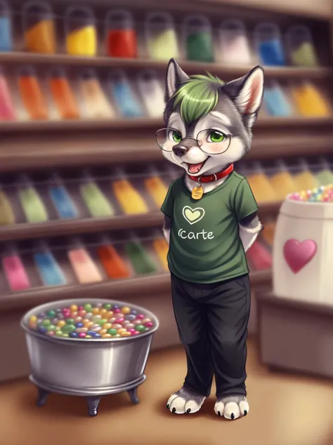 chibi, male husky, glasses, green hair, glistening green eyes, heart tag, collar, t-shirt, black pants, digitigrade feet, happy, in a candy shop interior, by carrot, by cotora, 4k