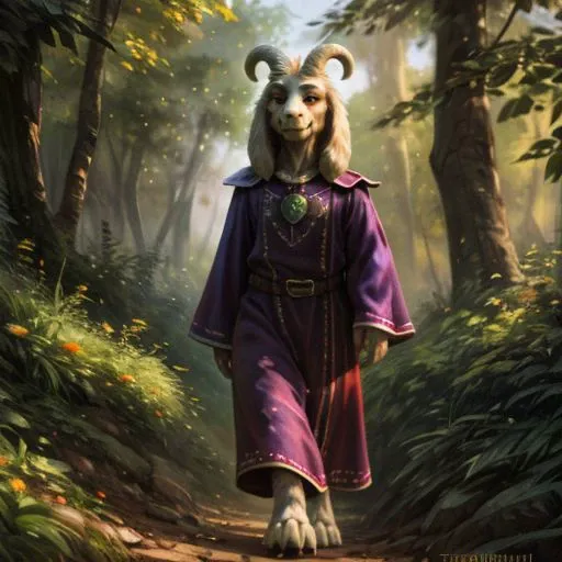 araffe in a purple robe walking down a path in the woods