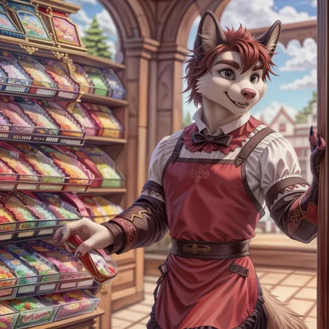 victorian, fantasy art, close-up, male focus portrait, clothed wolfcat, brown hair, red mohawk, with red apron, eyebrows, finger claws, open smile512, standing in a candy store, detailed background, day, [by personalami:Andy Kehoe:0.4], elegant, masterpiec...