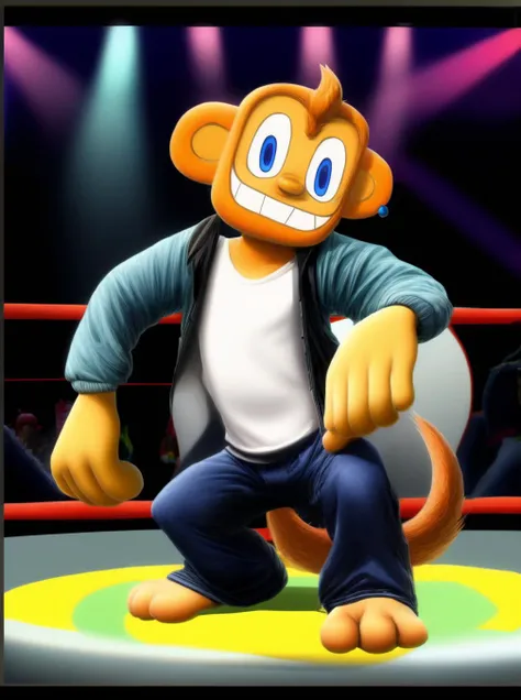 1boy, male furry, Amigo, monkey, square head, head tuft, orange fur, monkey tail, tail tuft, stud earrings, large head, blue eyes, smile, t-shirt, jacket, pants, bare feet, 5 toes, 4 fingers, pose, stage, (masterpiece:1.0), realistic, (sharp:1.2), shiny, (...