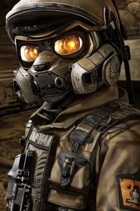 a close up of a person wearing a gas mask and a helmet