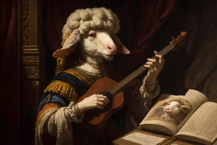 Anthro, sheep, Orchestra, 
(rembrandt),detailed, shaded, (high detail:1.1), film photography, photo of, realistic, masterpiece, best quality, ultra realistic, 8k