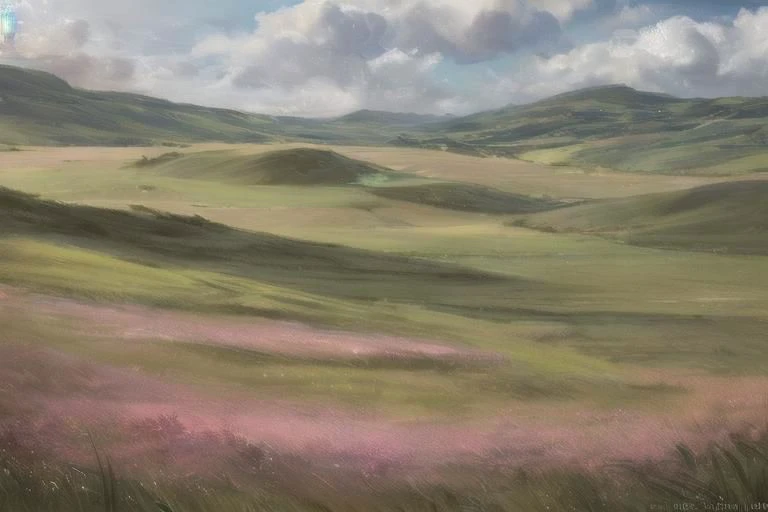 ((((landscape, nature, zero pictured, rolling hills, long grass, clouds, grass, prairie)))), ((by Pino Daeni, by Ruan Jia, by Fumiko, by Levelviolet, by Supplesee)), outside,