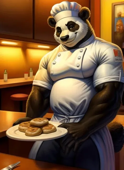 araffe dressed as a chef holding a plate of donuts