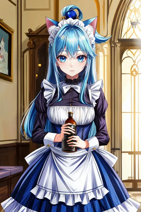 <lora:GoodHands-vanilla:1> ,   <lora:add_detail:1>, ((masterpiece)), (best quality:1.7),  <lora:aqua_konosuba-000035:0.5> aqua (konosuba), blue hair, blue eyes, maid outfit, cat ear accessory