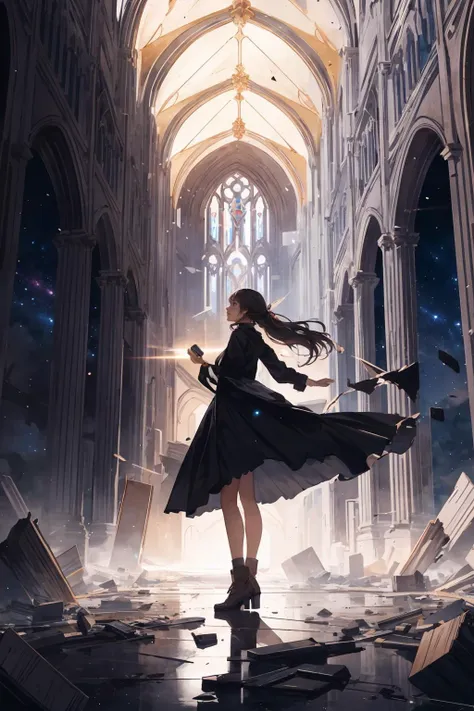 realistic, realistic details, detailed, 1girl, solo, chanting magic, standing in a middle of a grand cathedral, cathedral is ruined, destroyed, with debris flying around, space and time distortion, celestial vibe, night with galaxies