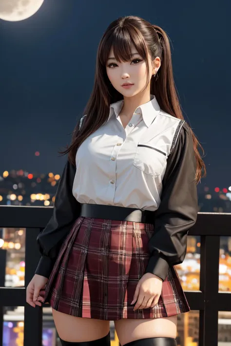 photography, hyperrealism, 8k, sharp, 1girl, solo, Kasumi, mature female, (detailed face and eyes), light brown hair, kunoichi, big eyes, button up blouse, plaid skirt, pantyhose, knee high boots, candid pose, standing, not looking at the viewer, moon glow...