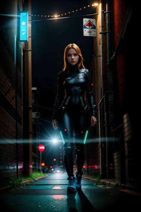 realistic, realistic details, detailed, 
break
1girl, petite, cyborg, blonde, beautiful, slender, tanned skin, small breast, detailed skin complexion, full body, bodysuit, looking at viewer, 
break
outdoor, city, intricate detail, night, futuristic citysca...