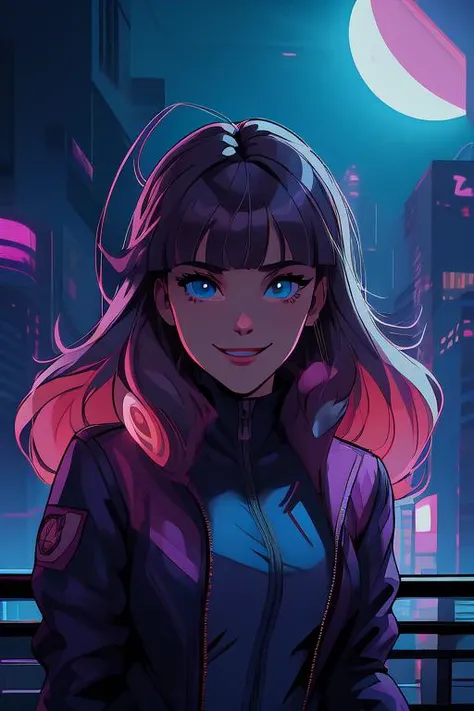 masterpiece, best quality, 1girl <lora:stylesqueeze_v3:1>, city pop, night, neon light, looking at another, upper body, vector illustration, jacket, light smile, blunt bangs, long hair, blue eyes