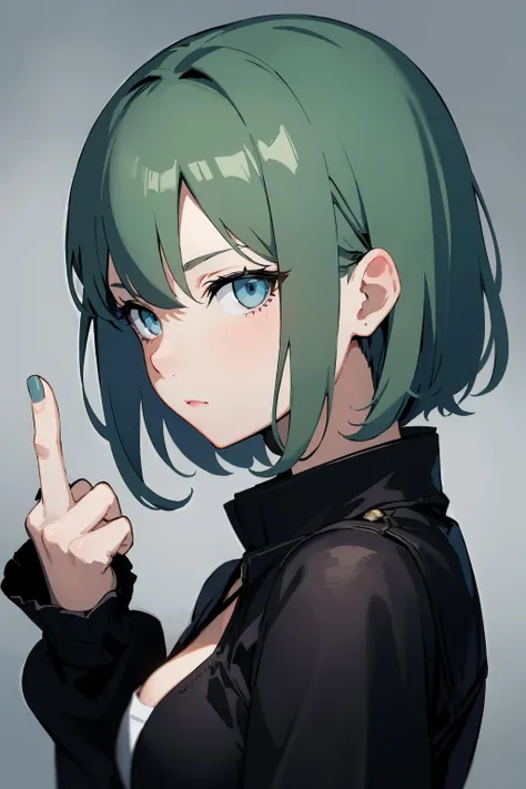 a close up of a person with a green hair pointing at something