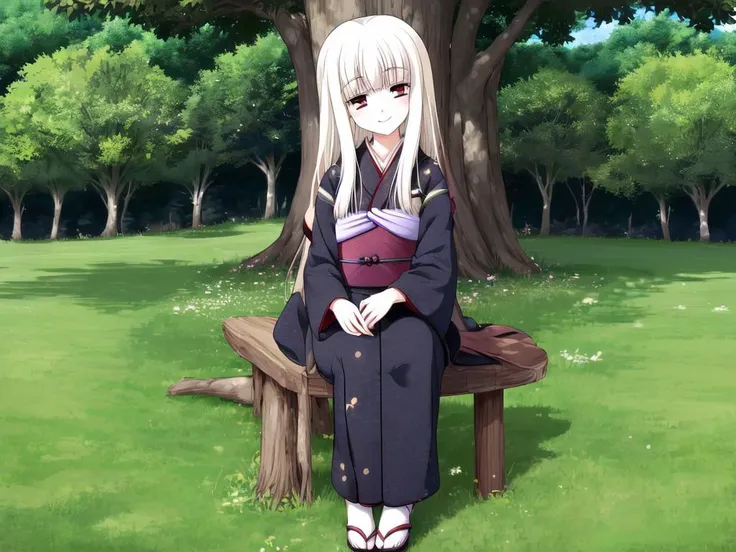 anime girl sitting on a bench in a park with a tree