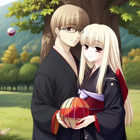 anime couple in a park with a ball and a tree