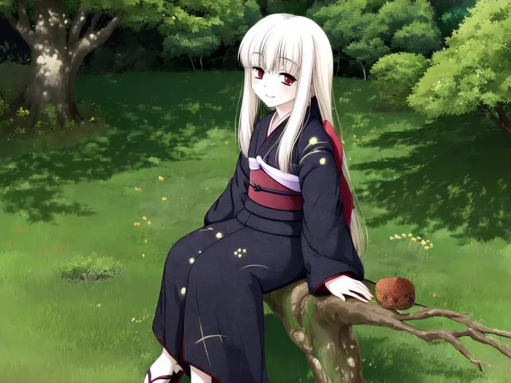 anime girl sitting on a tree branch with a cat in her lap