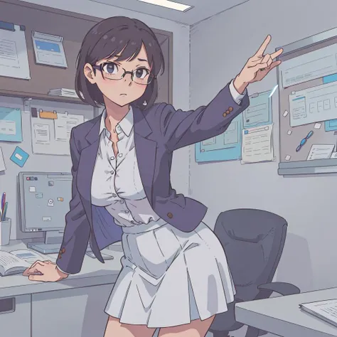 (best-quality:0.8), perfect anime illustration, warm ligh, office lady, white skirt, glasses, leaning towards the viewer, open the blazer, showing her boobs