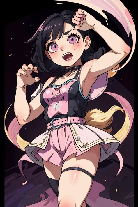 ((best quality, masterpiece)), ((style-swirlmagic):0.25),
photorealistic, thick outlines, strong shadows,
cowboy shoot,
1girl,  ((chibi):0.7), ((claw pose)), open mouth,looking at viewer,  cute pose, blonde hair, black hair, pastel goth,  later dress, pink...