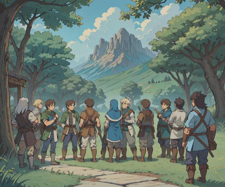 (best-quality:0.8), (best-quality:0.8), perfect anime illustration, a gathering of the adventurers before battle