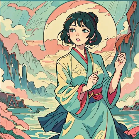 1girl, black hair, single hair bun, sidelocks, short hair, 
solid circle eyes, solid eyes,
(narrowed eyes), 
cloudy sky, mountains,
pink sky, yellow clouds
cyan kimono, wide sleeves,
looking at viewer,
posing, 
opened mouth, parted lips, puffy lips, <lyco:...