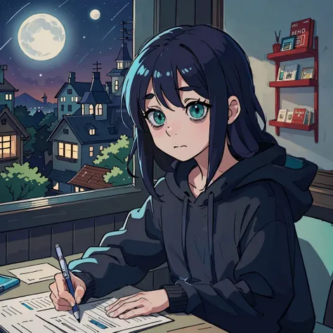 (best-quality:0.8), perfect anime illustration, masterpice, sad girl in black hoodie sitting from the table,long hair, clean face, long sleeves, upper body, turquoise hair,bookcase on the wall , sad face, comics on the table, <lora:bags under eyes:1>, good...