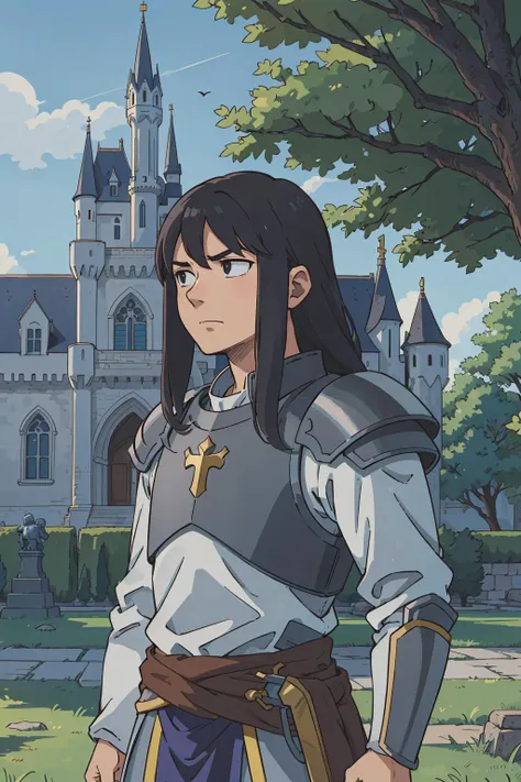 (best-quality:0.8), (best-quality:0.8), perfect anime illustration, the king watches in his armor at dawn on the castle grounds