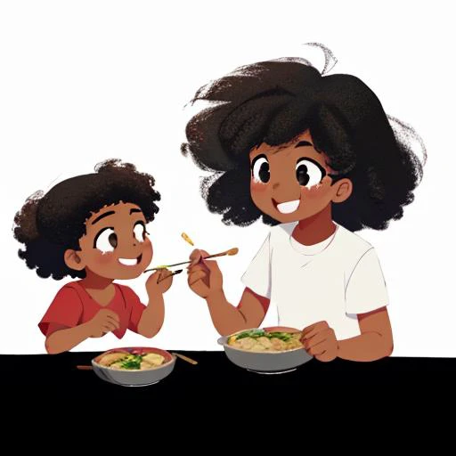 (Dominican grandad and kid), black afro hair, eating dinner, smiling,
(((simple color background))), centered frame, <lora:COOLKIDS_MERGE_V2.5:0.5>, <lora:outline:-2>