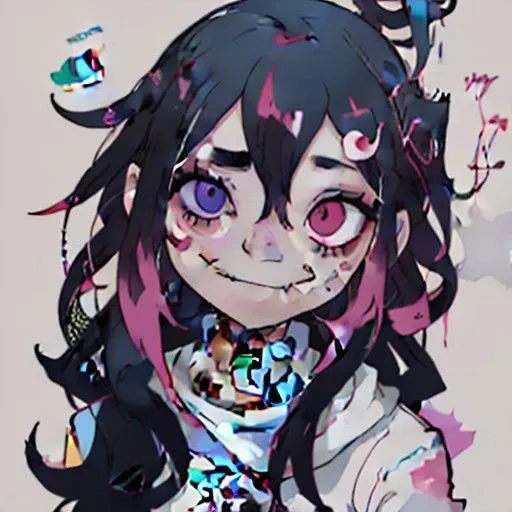 anime girl with long black hair and pink eyes holding a cell phone